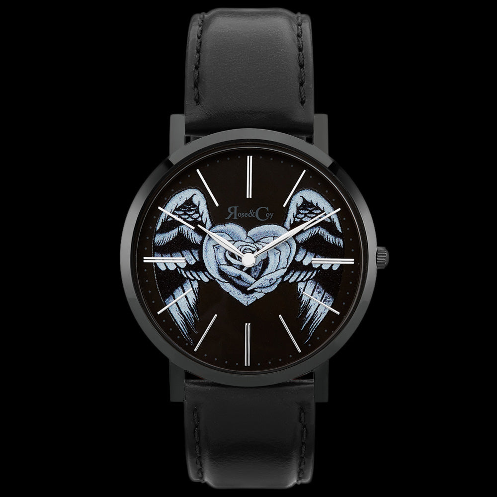 ROSE & COY MIDNIGHT WINGED ROSE HEART 40MM BLACK LEATHER WATCH