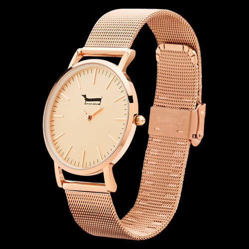 DOXIE KRANSKY 40MM ROSE GOLD MESH WATCH - TILT VIEW