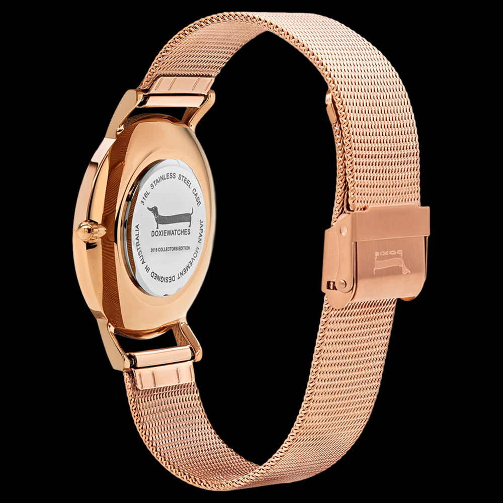 DOXIE KRANSKY 40MM ROSE GOLD MESH WATCH - BACK VIEW