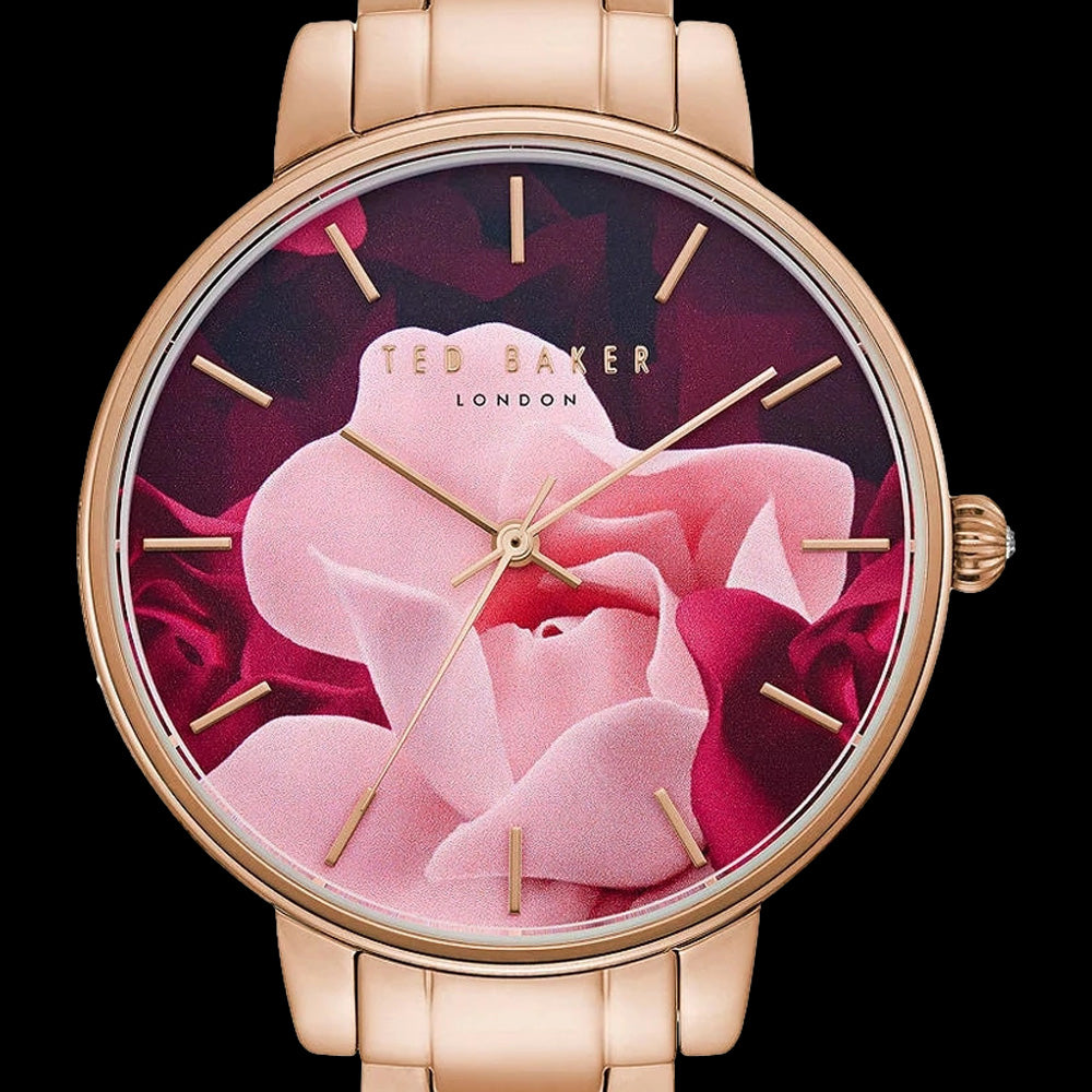 TED BAKER BROOK ROSE GOLD ROSE FLORAL DIAL WATCH - DIAL CLOSE-UP