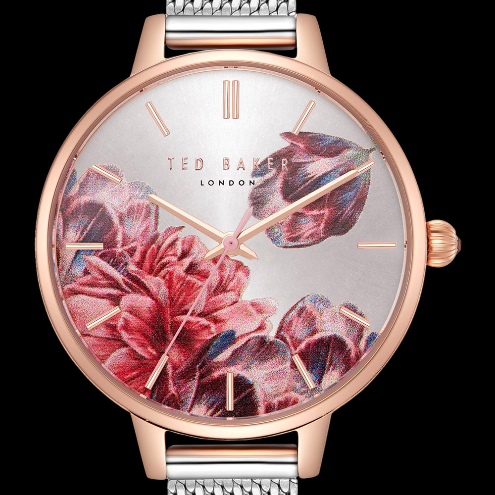 TED BAKER KATE TWO-TONE MESH FLORAL DIAL WATCH - DIAL CLOSE-UP