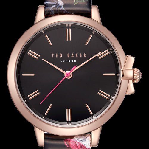 TED BAKER RUTH ROSE GOLD BLACK DIAL FLORAL LEATHER WATCH - DIAL CLOSE-UP