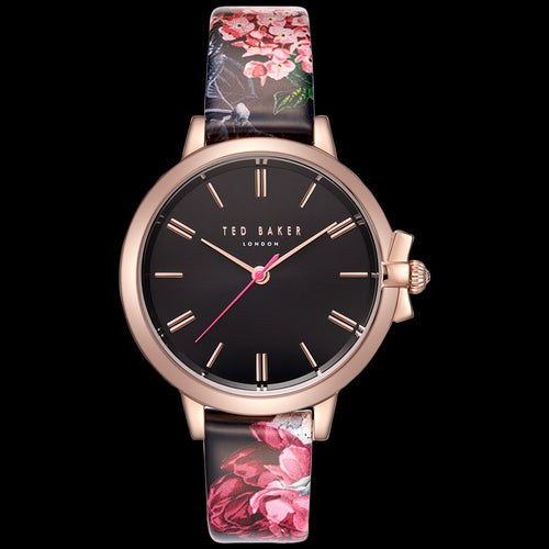 TED BAKER RUTH ROSE GOLD BLACK DIAL FLORAL LEATHER WATCH