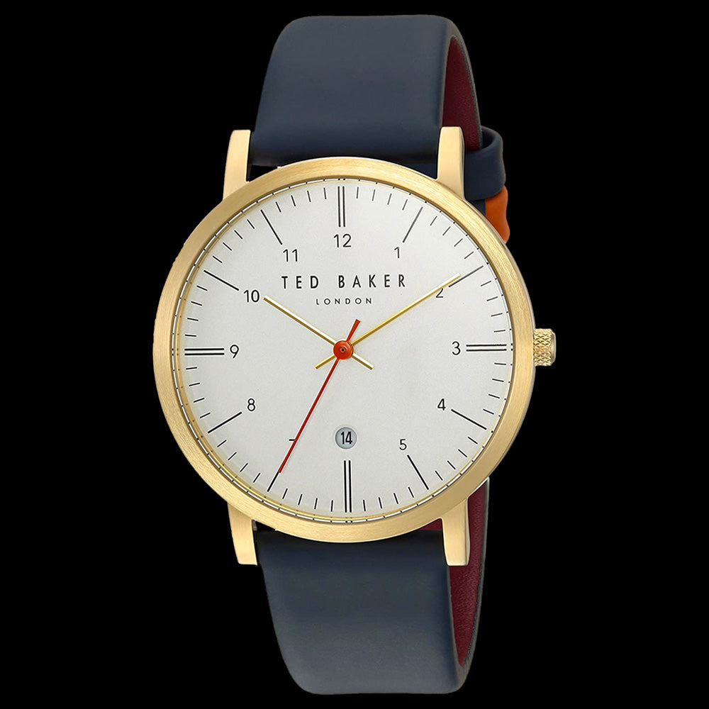 TED BAKER SAMUEL WHITE DIAL GOLD BLUE LEATHER WATCH - TILT VIEW