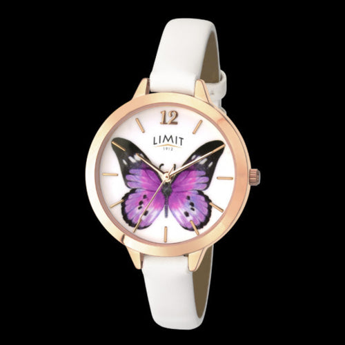 LIMIT SECRET GARDEN PURPLE BUTTERFLY ROSE GOLD WHITE LEATHER WATCH
