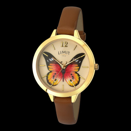 LIMIT SECRET GARDEN PAINTED LADY BUTTERFLY GOLD BROWN LEATHER WATCH