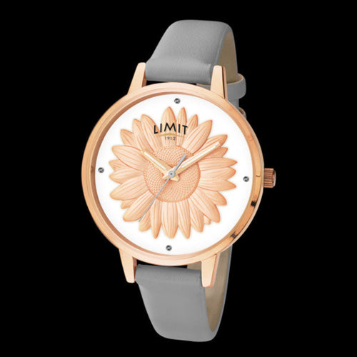 LIMIT SECRET GARDEN 3D FLOWER ROSE GOLD GREY LEATHER WATCH