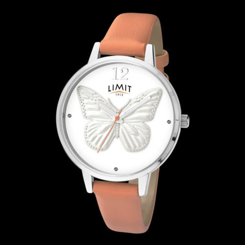 LIMIT SECRET GARDEN 3D BUTTERFLY SILVER TAN LEATHER WATCH