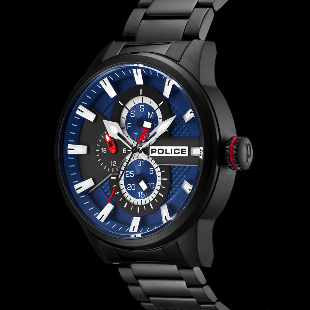 POLICE MEN'S LINCOLN BLUE DIAL BLACK WATCH - TILT VIEW