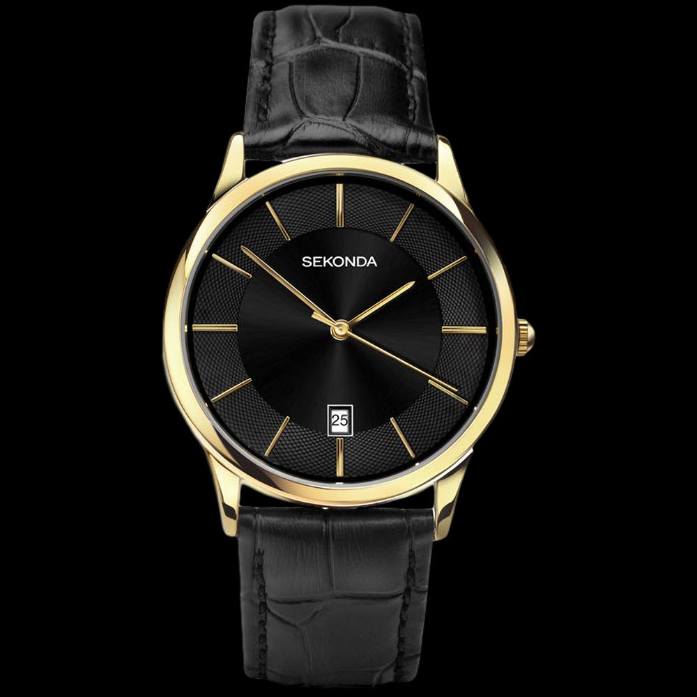 SEKONDA MEN'S GOLD BLACK DIAL DATE LEATHER WATCH