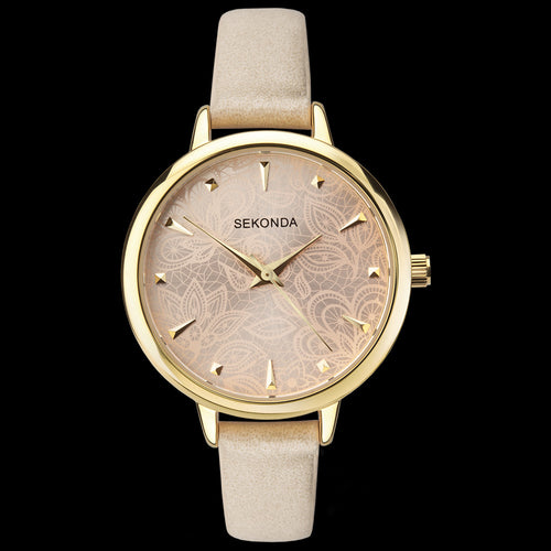 SEKONDA LADIES GOLD ETCHED DIAL CREAM WATCH