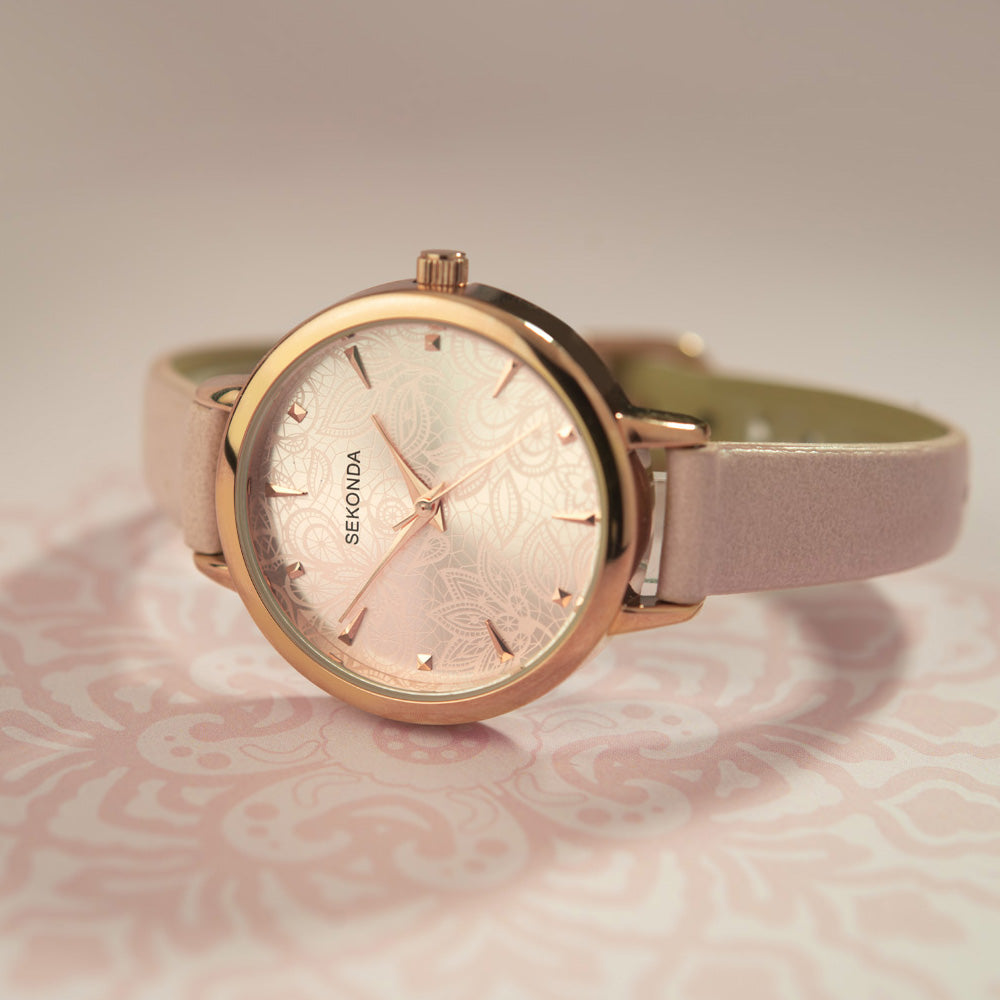 SEKONDA LADIES ROSE GOLD ETCHED DIAL PINK WATCH - BEAUTY VIEW