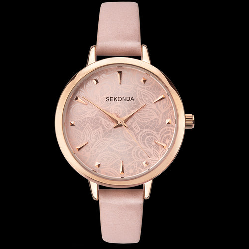 SEKONDA LADIES ROSE GOLD ETCHED DIAL PINK WATCH