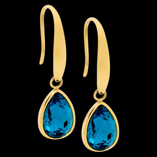 ELLANI STAINLESS STEEL GOLD IP DEEP BLUE GLASS TEARDROP DANGLE HOOK EARRINGS