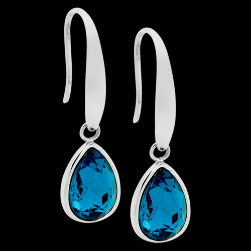ELLANI STAINLESS STEEL DEEP BLUE GLASS TEARDROP DANGLE HOOK EARRINGS