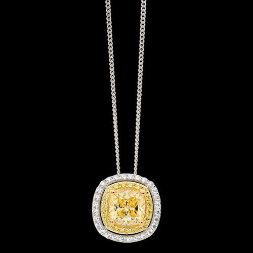 ELLANI STERLING SILVER GOLD IP YELLOW CZ DOUBLE HALO CUSHION NECKLACE