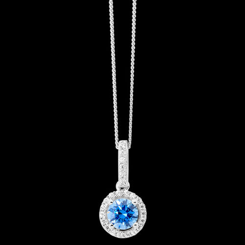 ELLANI STERLING SILVER HALO PAVE SWISS BLUE NECKLACE 