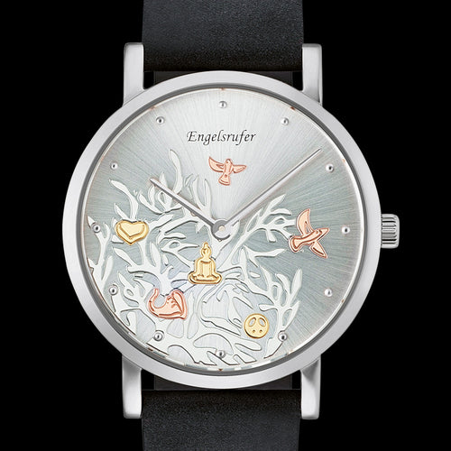 ENGELSRUFER TREE OF LIFE DIAL SILVER LEATHER WATCH - DIAL CLOSE-UP