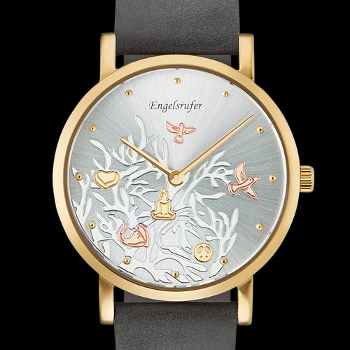 ENGELSRUFER TREE OF LIFE DIAL GOLD LEATHER WATCH - DIAL CLOSE-UP