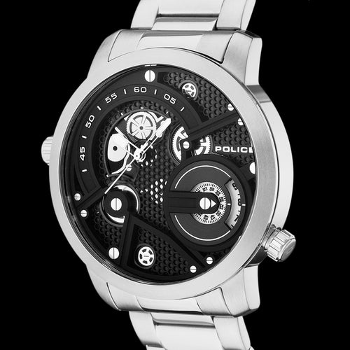 POLICE KINGSBRIDGE BLACK HONEYCOMB DIAL SILVER WATCH - TILT VIEW