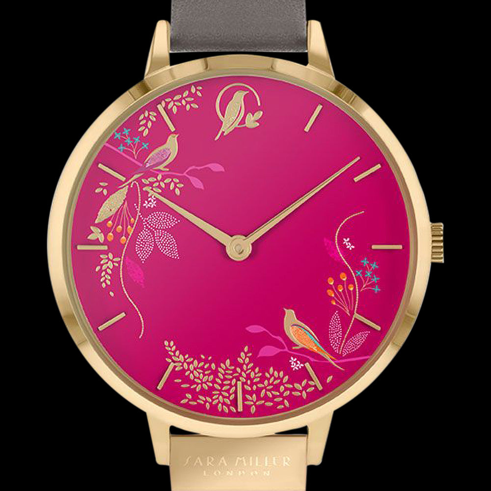 SARA MILLER CHELSEA BIRDS 34MM PINK DIAL GOLD MINK LEATHER WATCH - DIAL CLOSE-UP