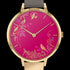 SARA MILLER CHELSEA BIRDS 34MM PINK DIAL GOLD MINK LEATHER WATCH - DIAL CLOSE-UP