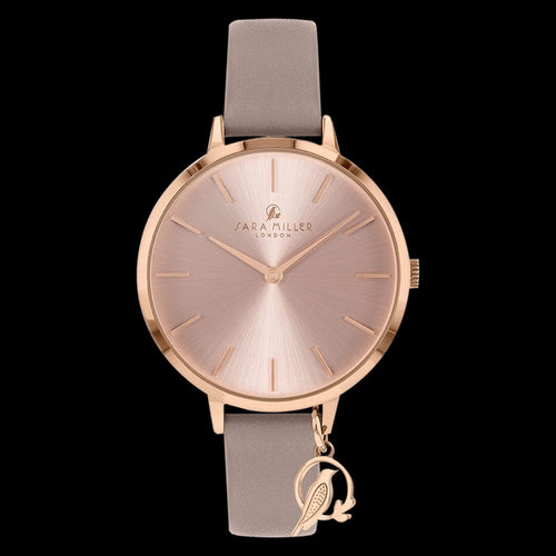 SARA MILLER CHELSEA CHARM 34MM SUNRAY DIAL ROSE GOLD MINK LEATHER WATCH