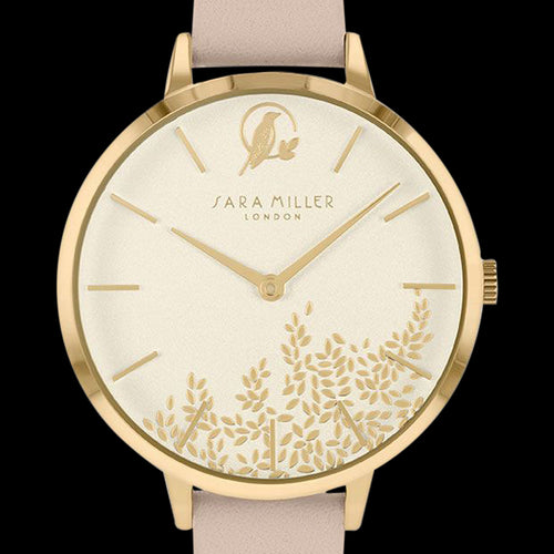 SARA MILLER CHELSEA LEAF 34MM GOLD DIAL GOLD BEIGE LEATHER WATCH - DIAL CLOSE-UP