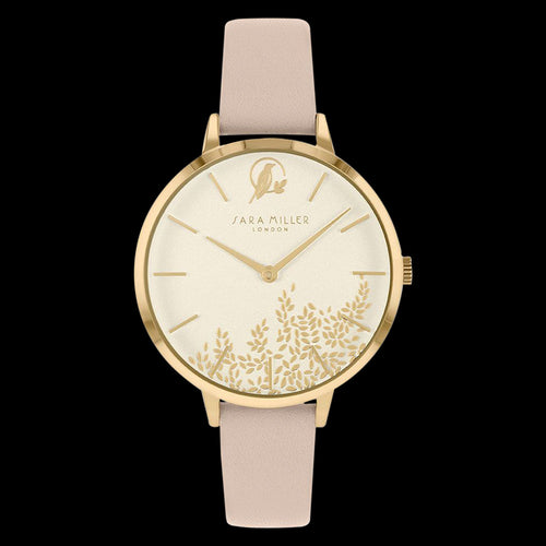 SARA MILLER CHELSEA LEAF 34MM GOLD DIAL GOLD BEIGE LEATHER WATCH