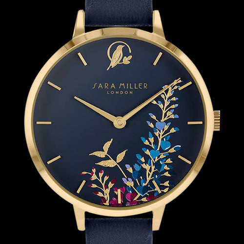 SARA MILLER WISTERIA 34MM NAVY BLUE DIAL GOLD NAVY LEATHER WATCH - DIAL CLOSE-UP