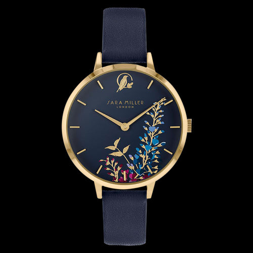 SARA MILLER WISTERIA 34MM NAVY BLUE DIAL GOLD NAVY LEATHER WATCH