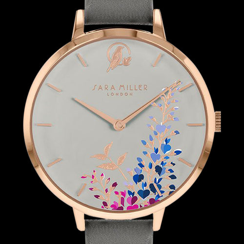 SARA MILLER WISTERIA 34MM PALE GREY DIAL ROSE GOLD GREY LEATHER WATCH - DIAL CLOSE-UP