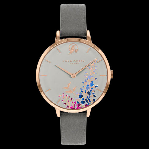 SARA MILLER WISTERIA 34MM PALE GREY DIAL ROSE GOLD GREY LEATHER WATCH