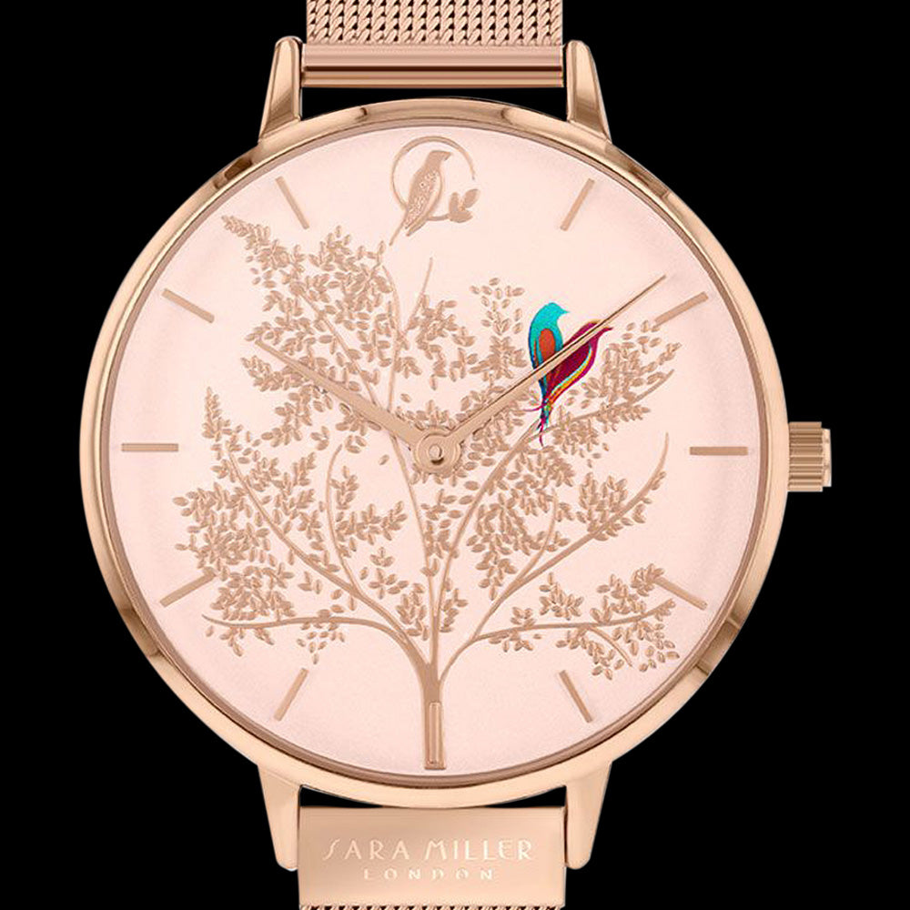 SARA MILLER CHELSEA LOVEBIRDS 38MM SOFT PINK DIAL ROSE GOLD MESH WATCH - DIAL CLOSE-UP