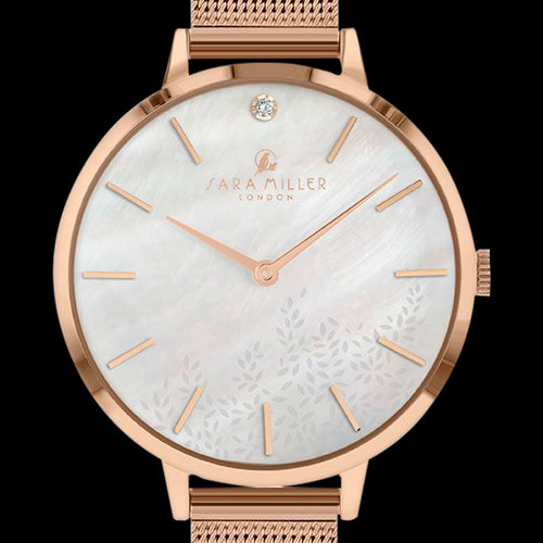 SARA MILLER LEAF DIAMOND 34MM WHITE DIAL ROSE GOLD MESH WATCH - DIAL CLOSE-UP
