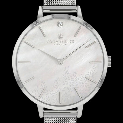 SARA MILLER LEAF DIAMOND 34MM WHITE DIAL SILVER MESH WATCH - DIAL CLOSE-UP
