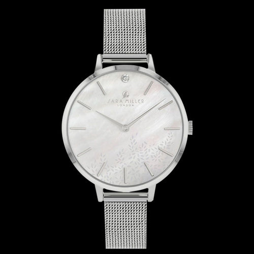 SARA MILLER LEAF DIAMOND 34MM WHITE DIAL SILVER MESH WATCH