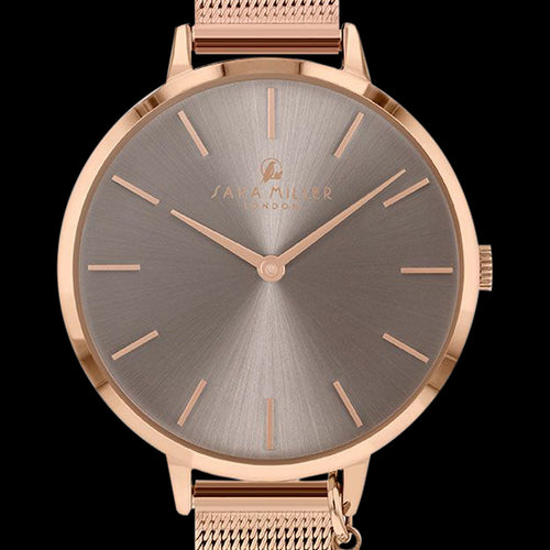 SARA MILLER CHELSEA CHARM 34MM MOCCA DIAL ROSE GOLD MESH WATCH - DIAL CLOSE-UP