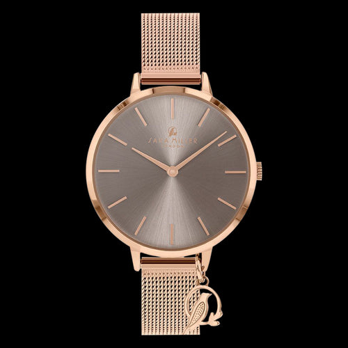 SARA MILLER CHELSEA CHARM 34MM MOCCA DIAL ROSE GOLD MESH WATCH
