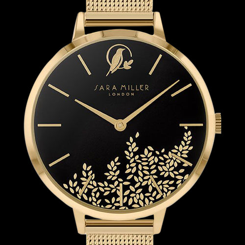 SARA MILLER CHELSEA LEAF 34MM BLACK  DIAL GOLD MESH WATCH - DIAL CLOSE-UP