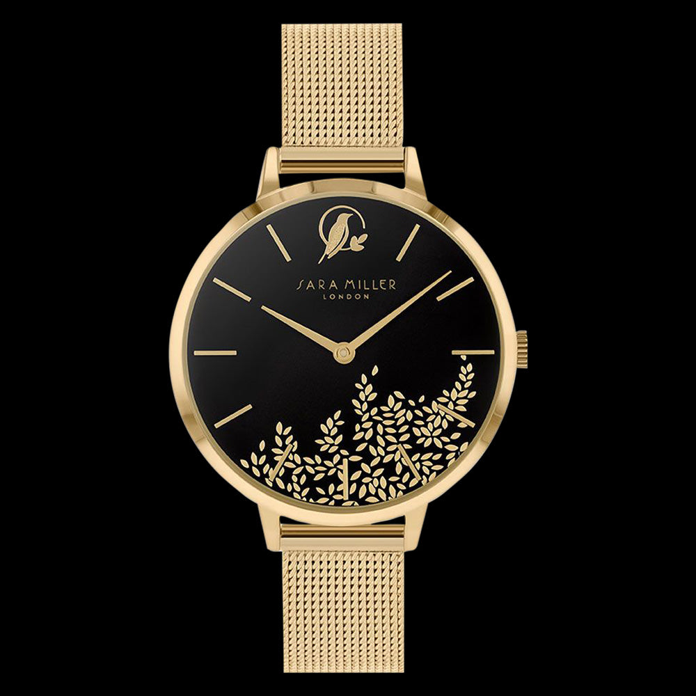 SARA MILLER CHELSEA LEAF 34MM BLACK  DIAL GOLD MESH WATCH