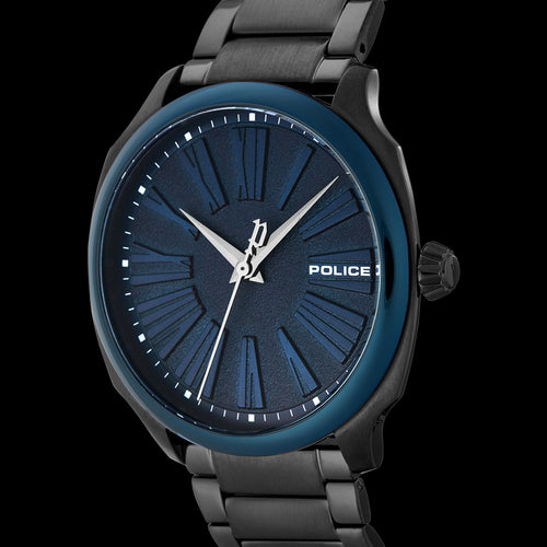 POLICE MEN'S BAXLEY BLUE DIAL GUNMETAL WATCH - TILT VIEW