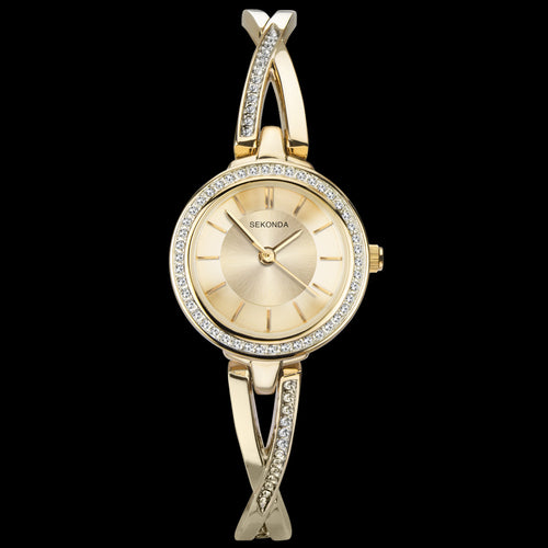 SEKONDA LADIES GOLD CROSSOVER CZ BEZEL WATCH