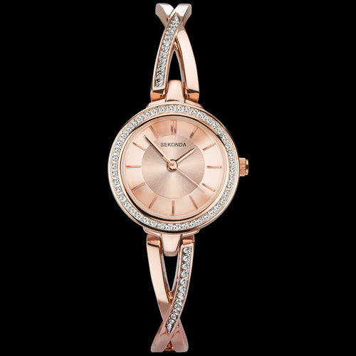 SEKONDA LADIES ROSE GOLD CROSSOVER CZ BEZEL WATCH