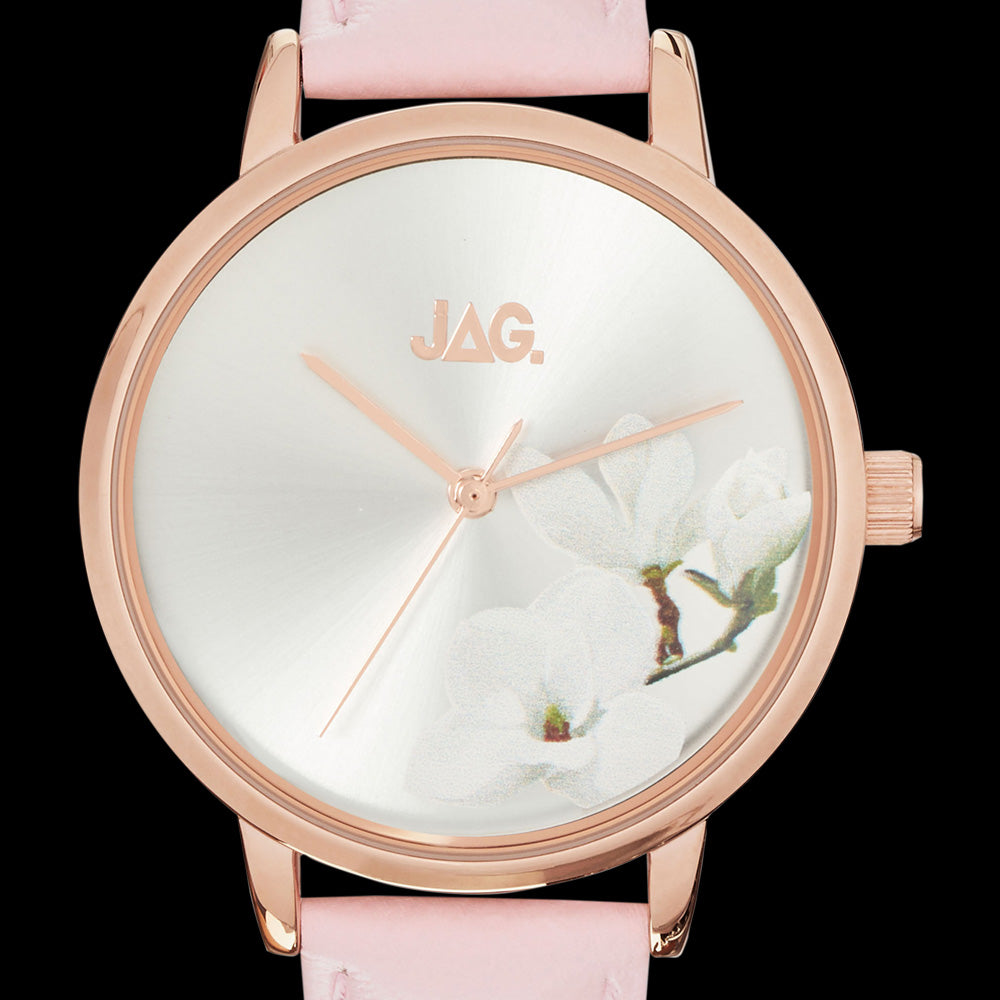 JAG LADIES MIA SILVER DIAL ROSE GOLD PINK LEATHER WATCH - DIAL CLOSE-UP