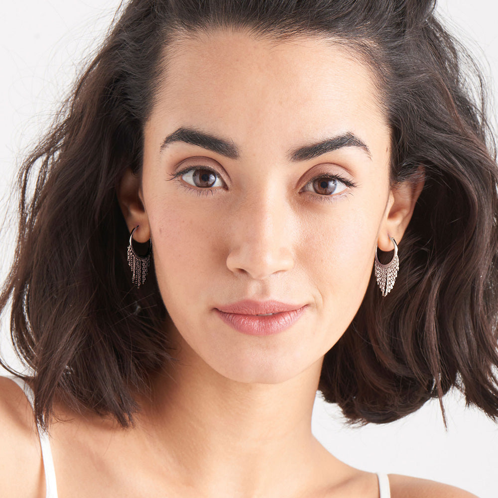 ANIA HAIE FRINGE APPEAL SILVER FRINGE FALL HOOP EARRINGS - MODEL VIEW