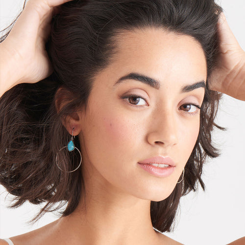 ANIA HAIE MINERAL GLOW SILVER TURQUOISE FRONT HOOP EARRINGS - MODEL VIEW