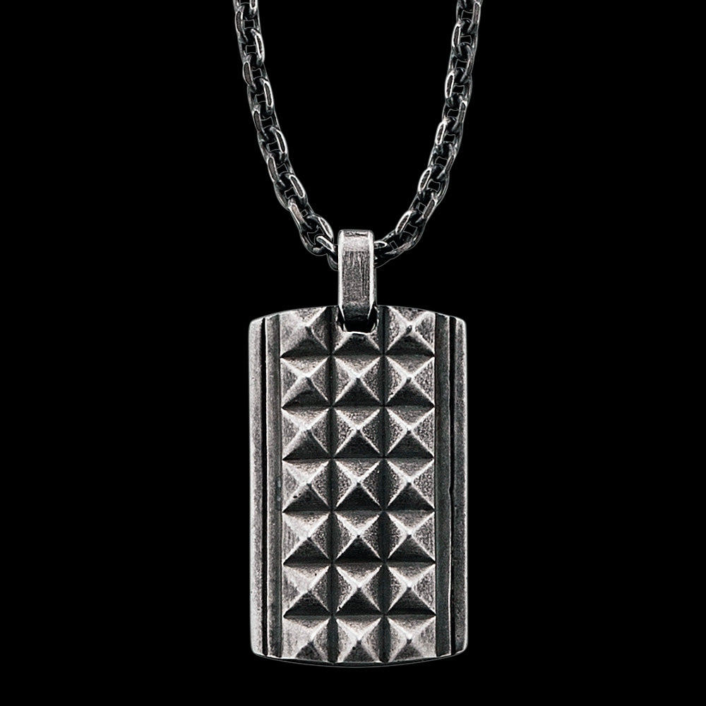 SAVE BRAVE MEN'S PHILLIP STAINLESS STEEL GUNMETAL PYRAMID DOG TAG NECKLACE - CLOSE-UP