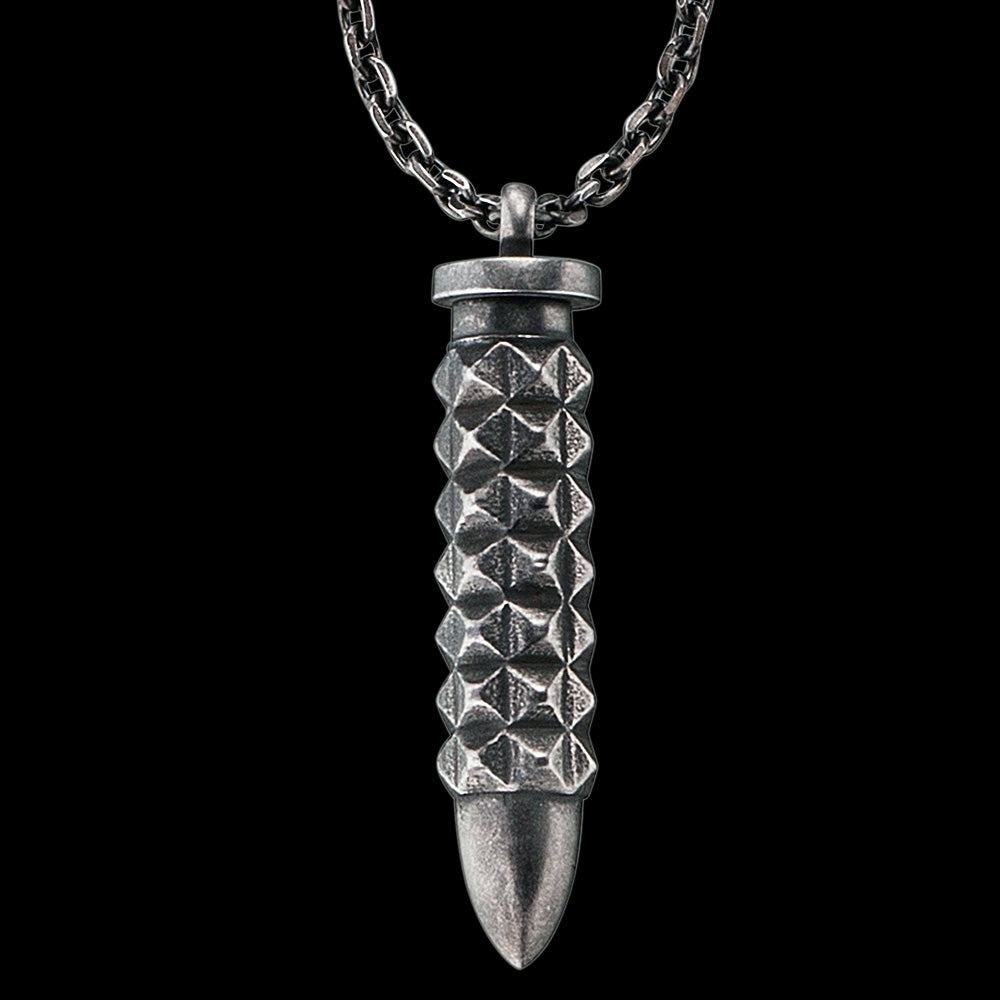 SAVE BRAVE MEN'S ALBERT STAINLESS STEEL GUNMETAL PYRAMID BULLET NECKLACE - CLOSE-UP