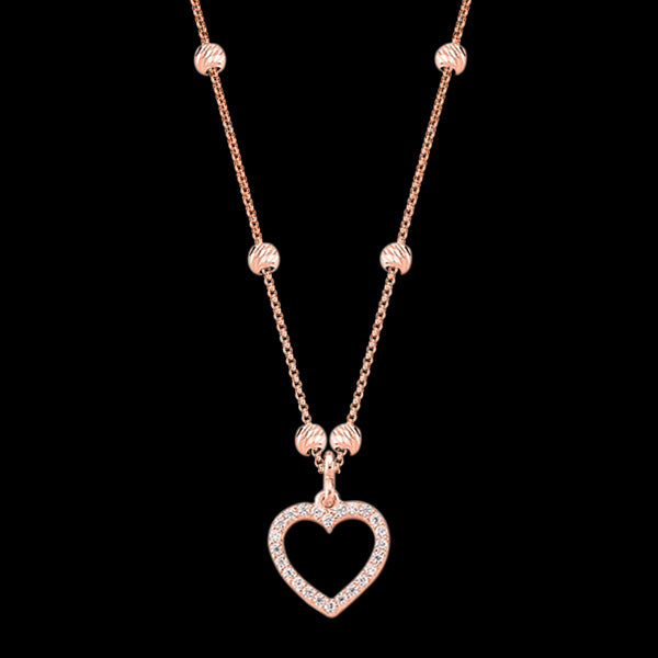 LUXXURY STERLING SILVER ROSE GOLD HEART PAVE CZ BEAD NECKLACE